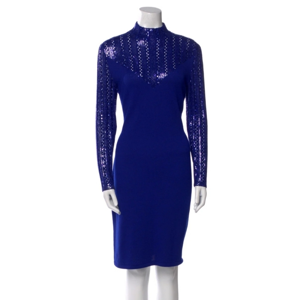 ST. JOHN EVENING Knit Stretch Knee Length Dress Sequin Long Sleeve Blue 2